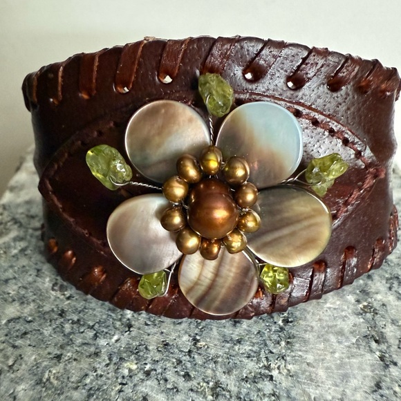 Green and Brown Leather Cuff Bracelet with Floral Centerpiece - Picture 3 of 9